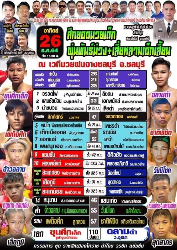 ผลมวยศึกยอดมวยเด็ก+พุ่มพันธ์ม่วง+เสี่ยหลามเด็กเสี้ยน อาทิตย์ 26 ธ.ค.64 เวทีฝนจางชลบุรี