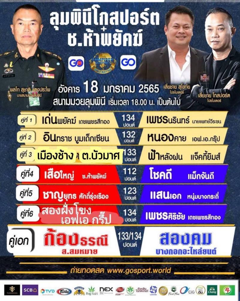 สรุปผลมวย ศึกลุมพินีโกสปอร์ต ประจำวันอังคารที่ 18/1/2565