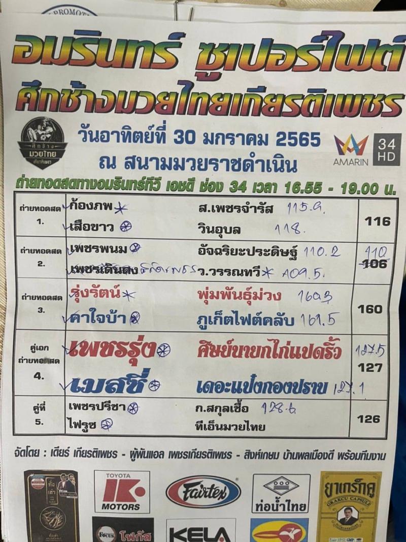 สรุปผลมวย ศึกช้างมวยไทยเกียรติเพชร ประจำวันอาทิตย์ที่ 30/1/2565
