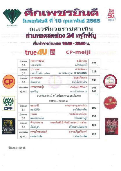 สรุปผลมวย ศึกเพชรยินดี ประจำวันพฤหัสบดีที่ 10/2/2565