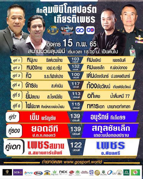 สรุปผลมวย ศึกลุมพินีโกสปอร์ต ประจำวันอังคารที่ 15/2/2565