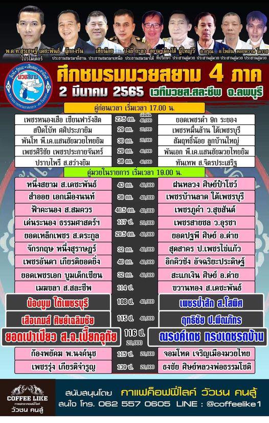 สรุปผลมวย ศึกชมรมมวยสยาม 4 ภาค ก่อนรายการ ประจำวันพุธที่ 2/3/2565