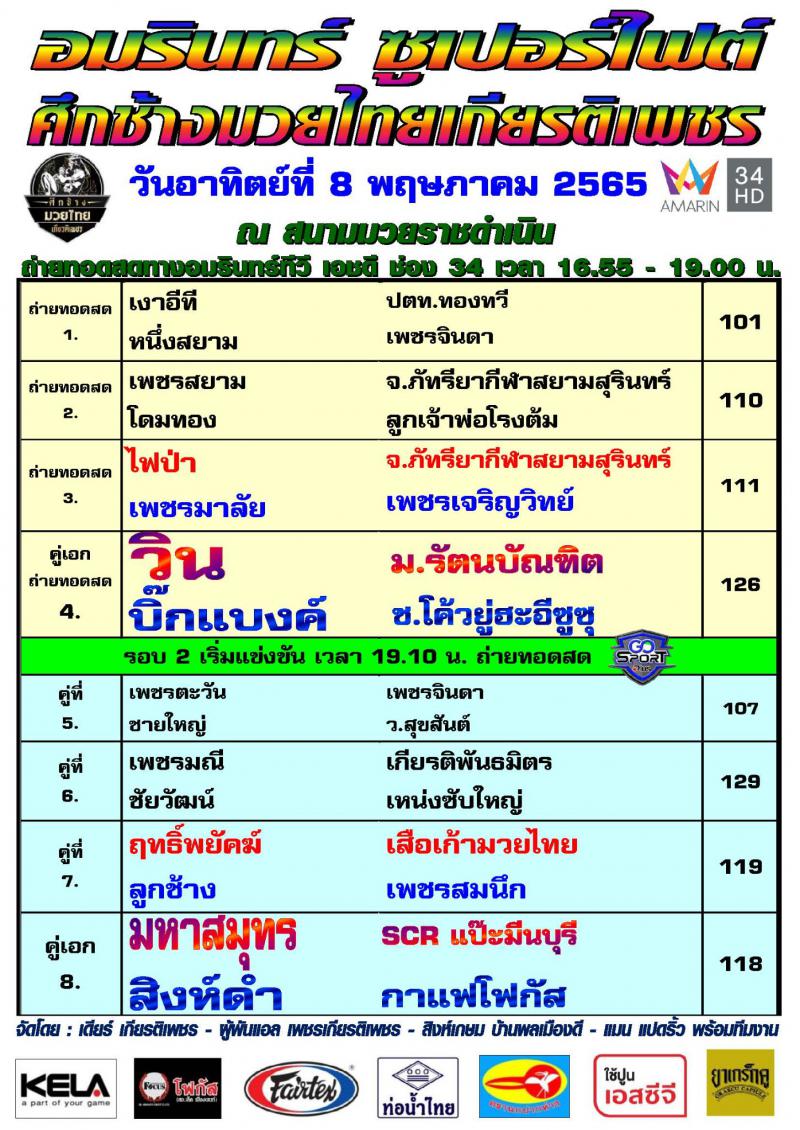 สรุปผลมวย ศึกช้างมวยไทยเกียรติเพชร ประจำวันอาทิตย์ที่ 8/5/2565