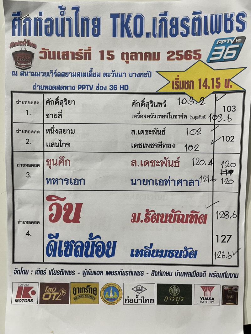 สรุปผลมวย ศึกท่อน้ำไทย TKO เกียรติเพชร ประจำวันเสาร์ที่ 15/10/2565