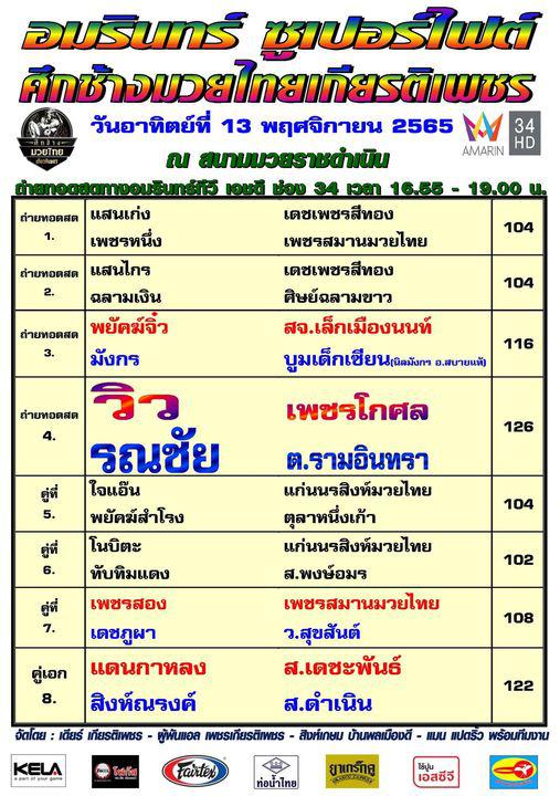 สรุปผลมวย ศึกช้างมวยไทยเกียรติเพชร ประจำวันอาทิตย์ที่ 13/11/2565