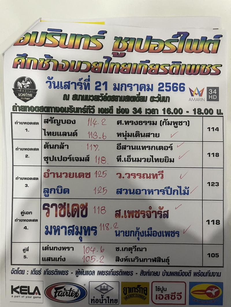 สรุปผลมวย ศึกอมรินทร์ซูเปอร์ไฟต์ ประจำวันเสาร์ที่ 21/1/2566