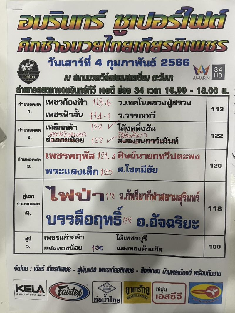 สรุปผลมวย ศึกอมรินทร์ซูเปอร์ไฟต์ ประจำวันเสาร์ที่ 4/2/2566