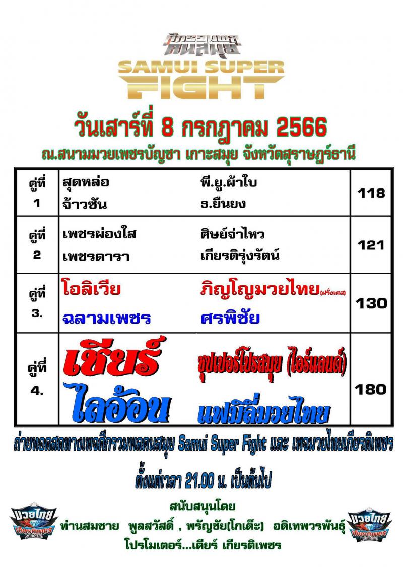 สรุปผลมวย ศึกรวมพลคนสมุย ประจำวันเสาร์ที่ 8/7/2566