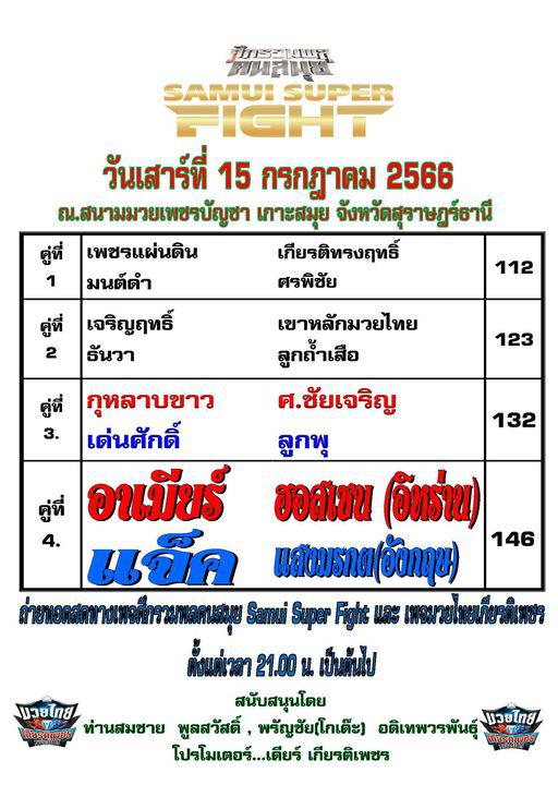 สรุปผลมวย ศึกรวมพลคนสมุย ประจำวันเสาร์ที่ 15/7/2566