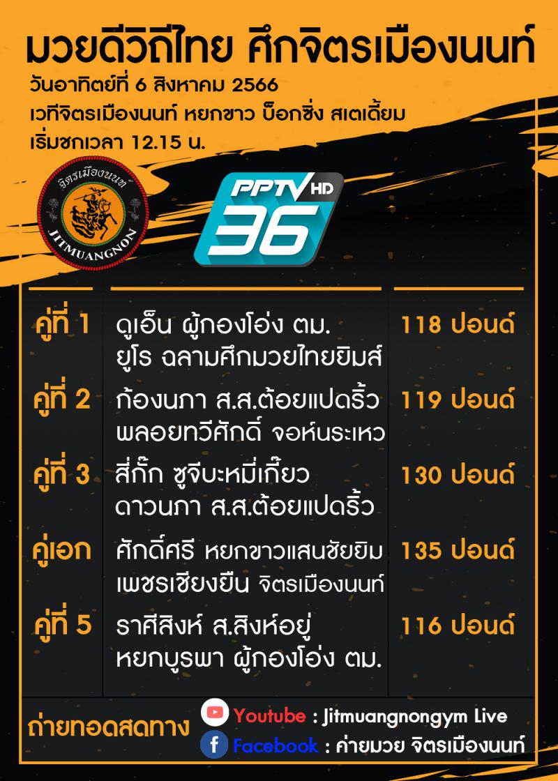 สรุปผลมวย ศึกมวยดีวิถีไทย ประจำวันอาทิตย์ที่ 6/8/2566