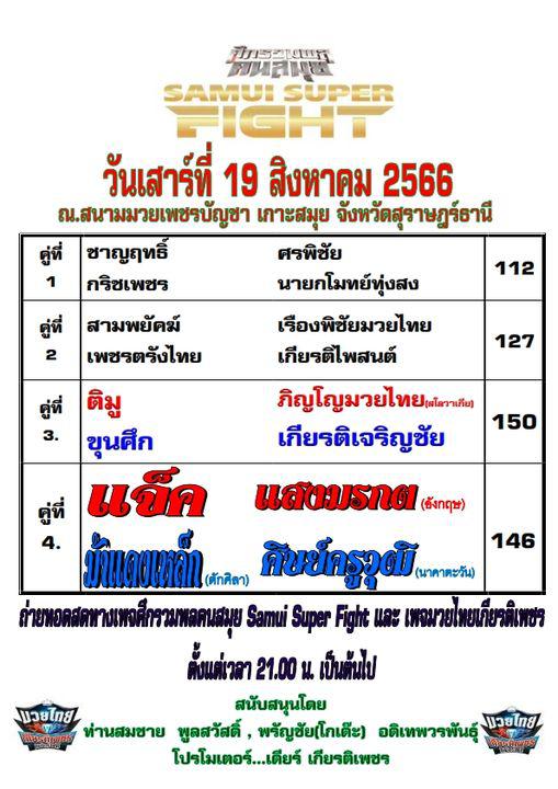 สรุปผลมวย ศึกรวมพลคนสมุย ประจำวันเสาร์ที่ 19/8/2566