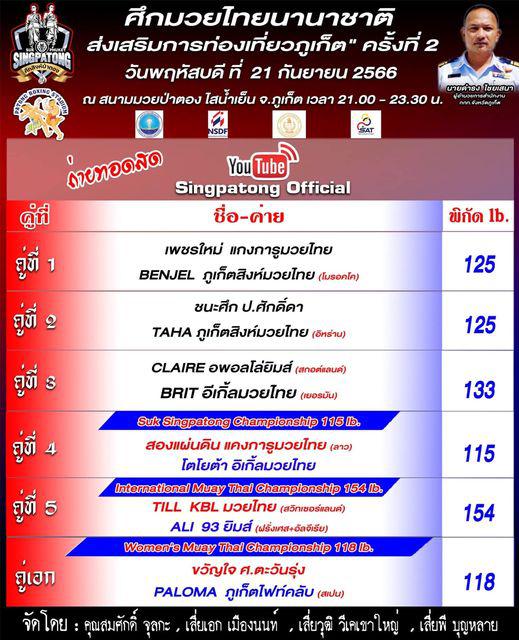 สรุปผลมวย ศึกสิงห์ป่าตอง ประจำวันพฤหัสบดีที่ 21/9/2566