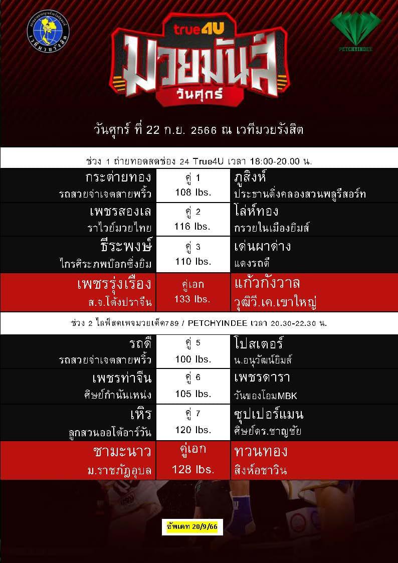 สรุปผลมวย ศึกมวยมันส์วันศุกร์ ประจำวันศุกร์ที่ 22/9/2566