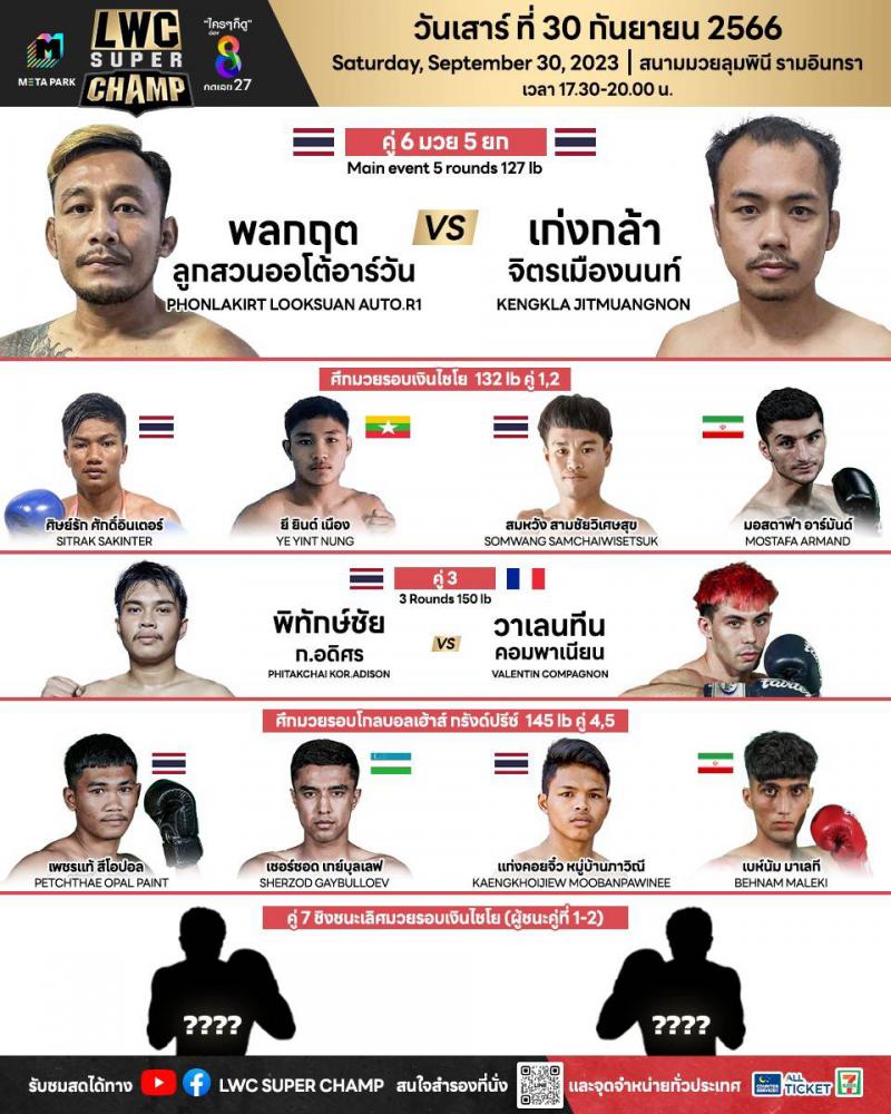 สรุปผลมวย LUMPINEE WORLD CHAMPIONSHIP SUPER CHAMP ประจำวันเสาร์ที่ 30/9/2566