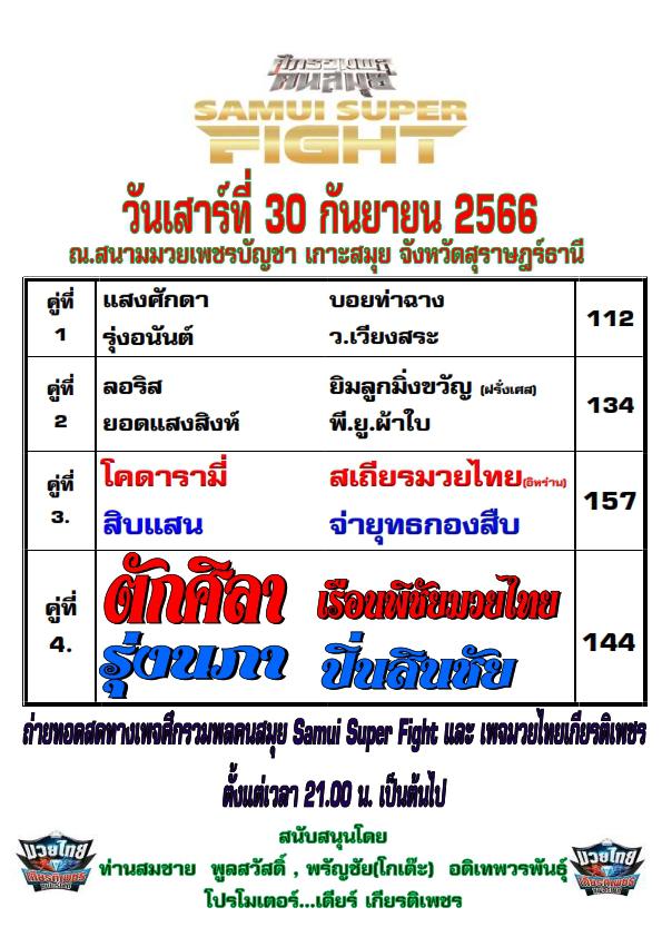 สรุปผลมวย ศึกรวมพลคนสมุย ประจำวันเสาร์ที่ 30/9/2566
