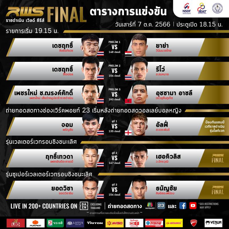 สรุปผลมวย RAJADAMNERN WORLD SERIES ประจำวันเสาร์ที่ 7/10/2566