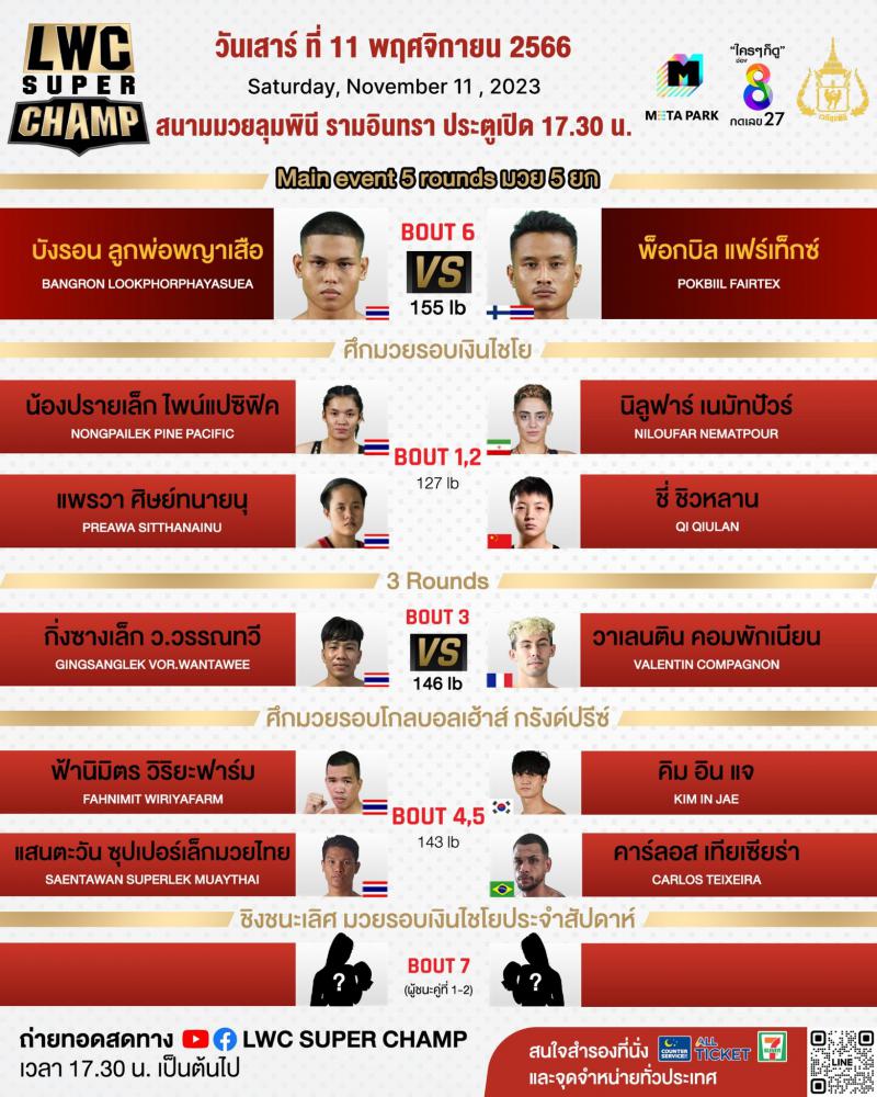 สรุปผลมวย LUMPINEE WORLD CHAMPIONSHIP SUPER CHAMP ประจำวันเสาร์ที่ 11/11/2566