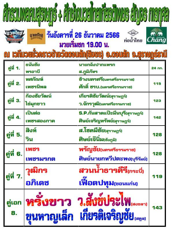 สรุปผลมวย ศึกช้างมวยไทยเกียรติเพชรสัญจร ประจำวันอังคารที่ 26/12/2566