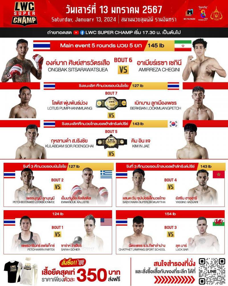 สรุปผลมวย LUMPINEE WORLD CHAMPIONSHIP SUPER CHAMP ประจำวันเสาร์ที่ 13/1/2567