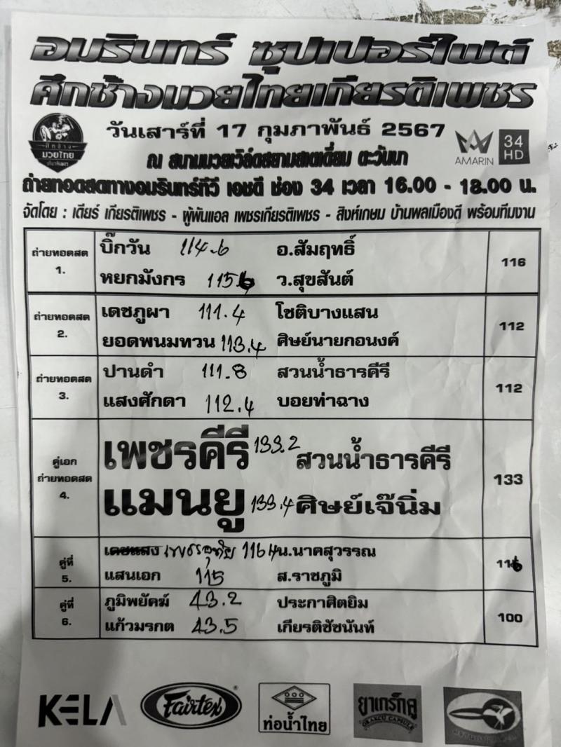  สรุปผลมวย ศึกอมรินทร์ซูเปอร์ไฟต์ ประจำวันเสาร์ที่ 17/2/2567