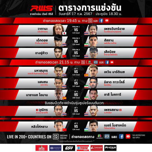 สรุปผลมวย RAJADAMNERN WORLD SERIES ประจำวันเสาร์ที่ 17/2/2567