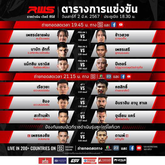 สรุปผลมวย RAJADAMNERN WORLD SERIES ประจำวันเสาร์ที่ 2/3/2567