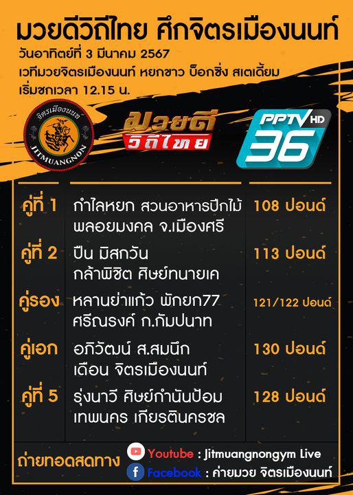 สรุปผลมวย ศึกมวยดีวิถีไทย ประจำวันอาทิตย์ที่ 3/3/2567