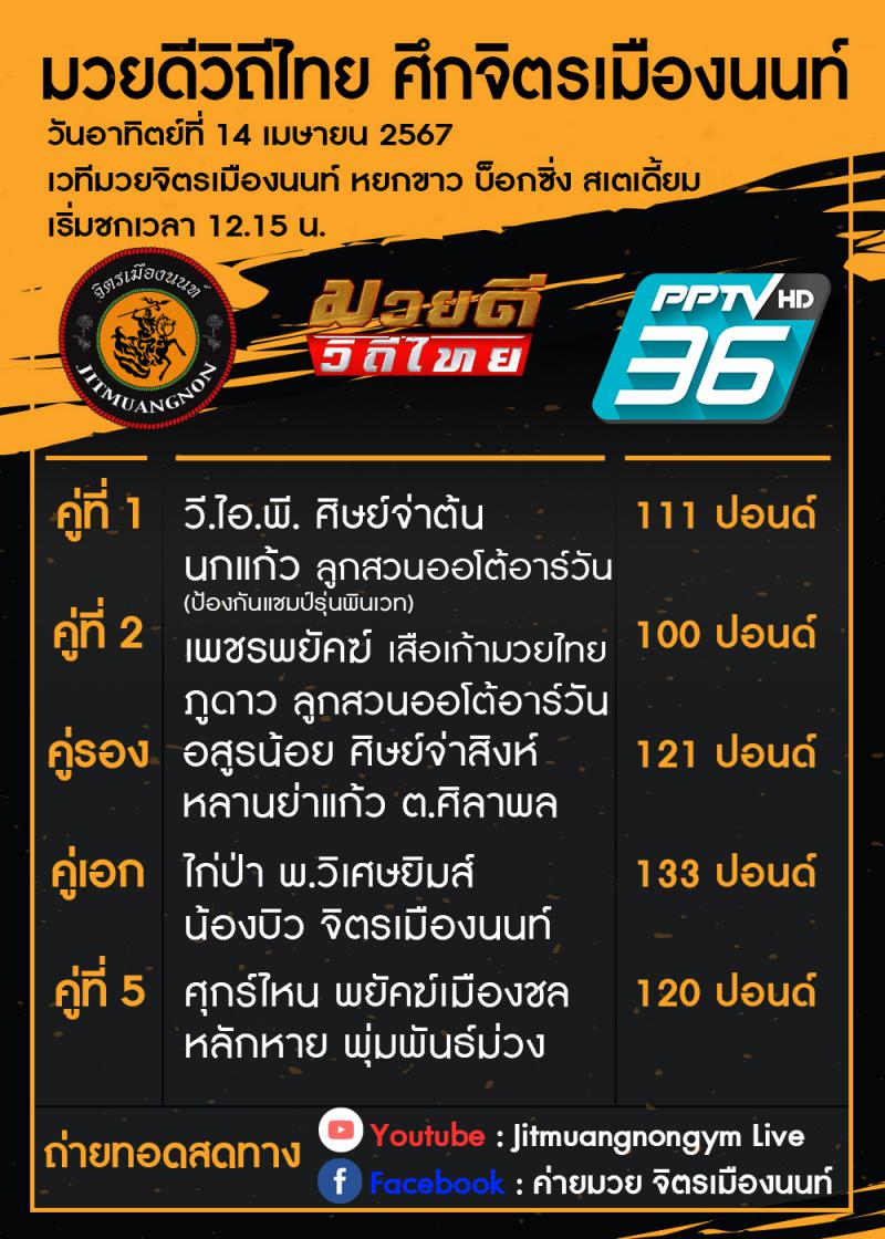 สรุปผลมวย ศึกมวยดีวิถีไทย ประจำวันอาทิตย์ที่ 14/4/2567
