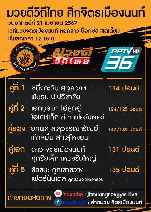สรุปผลมวย ศึกมวยดีวิถีไทย ประจำวันอาทิตย์ที่ 21/4/2567