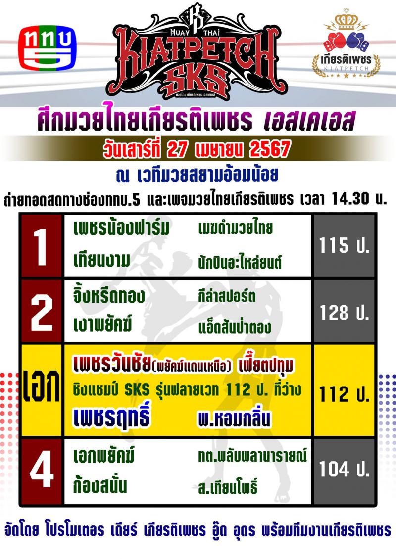 สรุปผลมวย ศึกมวยไทยเกียรติเพชร ประจำวันเสาร์ที่ 27/4/2567