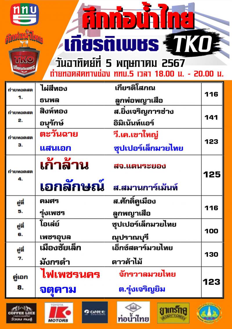 สรุปผลมวย ศึกท่อน้ำไทย รวมพลคนสมุย เกียรติเพชร ประจำวันอาทิตย์ที่ 5/5/2567