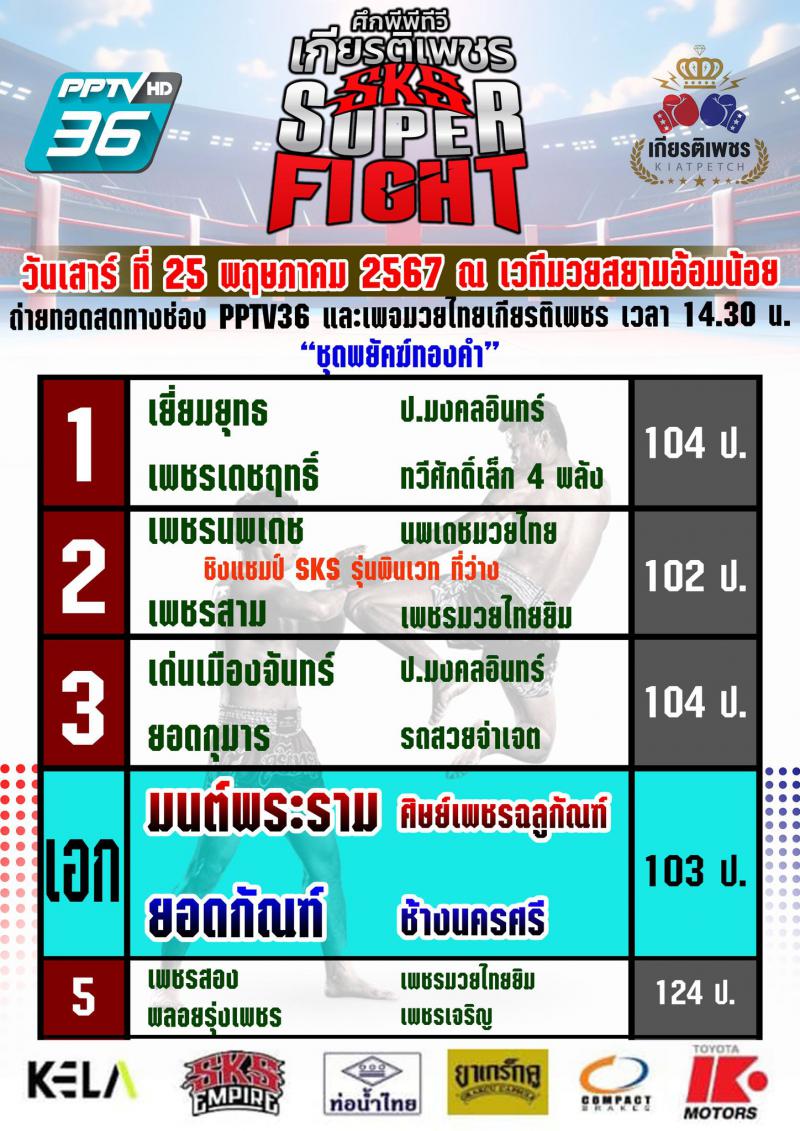 สรุปผลมวย ศึกมวยไทยเกียรติเพชร ประจำวันเสาร์ที่ 25/5/2567