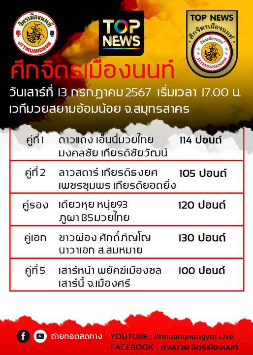 สรุปผลมวย ศึกจิตรเมืองนนท์ ประจำวันเสาร์ที่ 13/7/2567