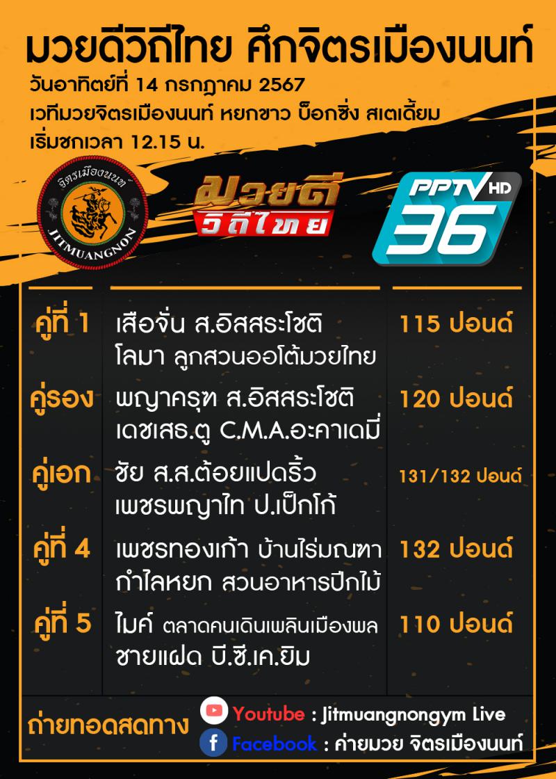 สรุปผลมวย ศึกมวยดีวิถีไทย ประจำวันอาทิตย์ที่ 14/7/2567
