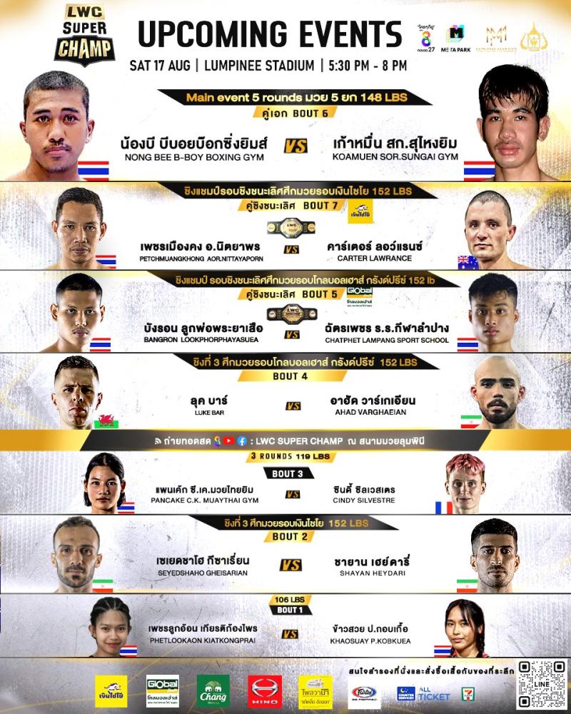 สรุปผลมวย LUMPINEE WORLD CHAMPIONSHIP SUPER CHAMP ประจำวันเสาร์ที่ 17/8/2567