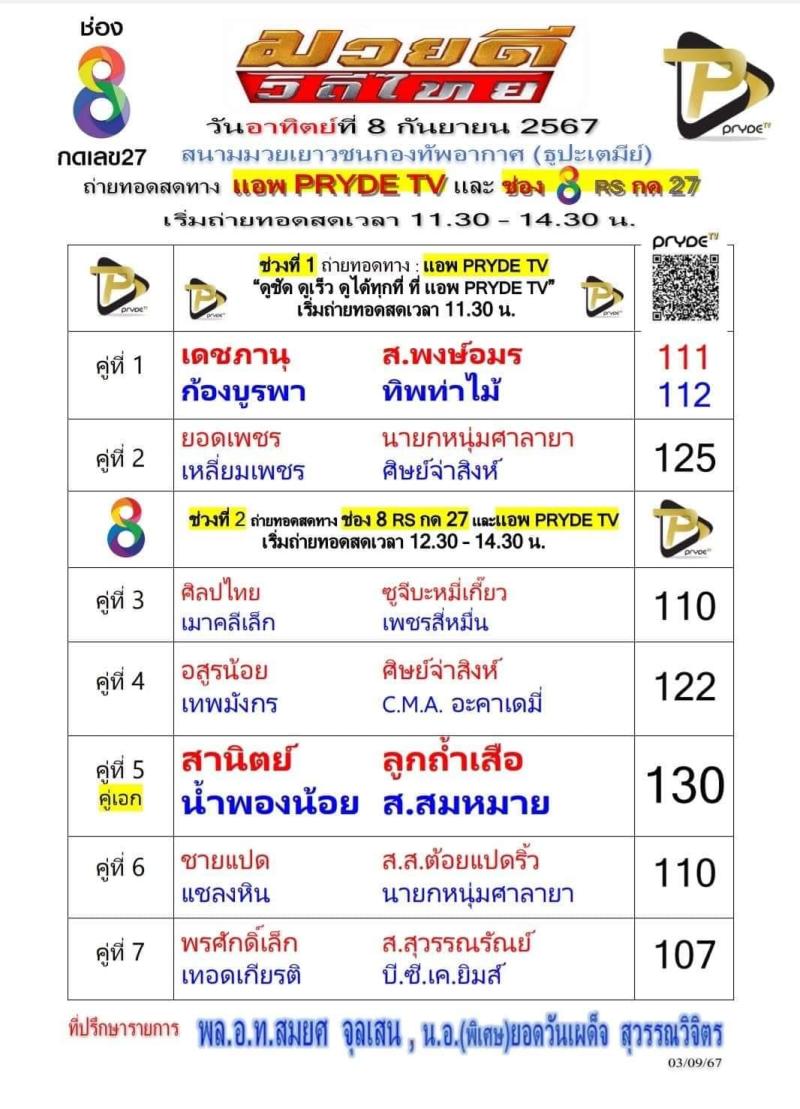 สรุปผลมวย ศึกมวยดีวิถีไทย ประจำวันอาทิตย์ที่ 8/9/2567
