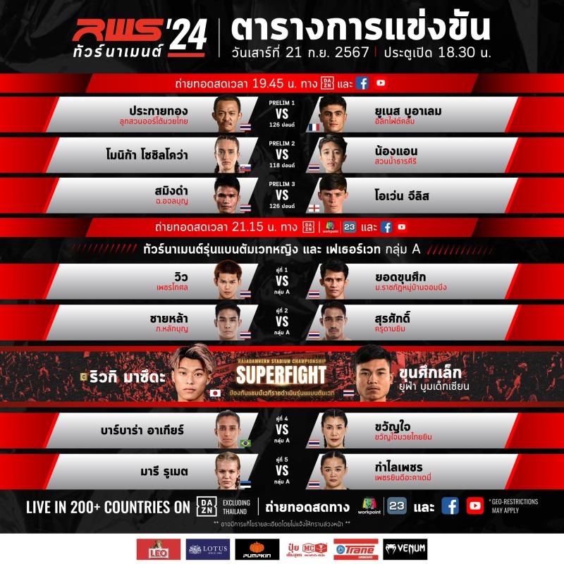 สรุปผลมวย RAJADAMNERN WORLD SERIES ประจำวันเสาร์ที่ 21/9/2567