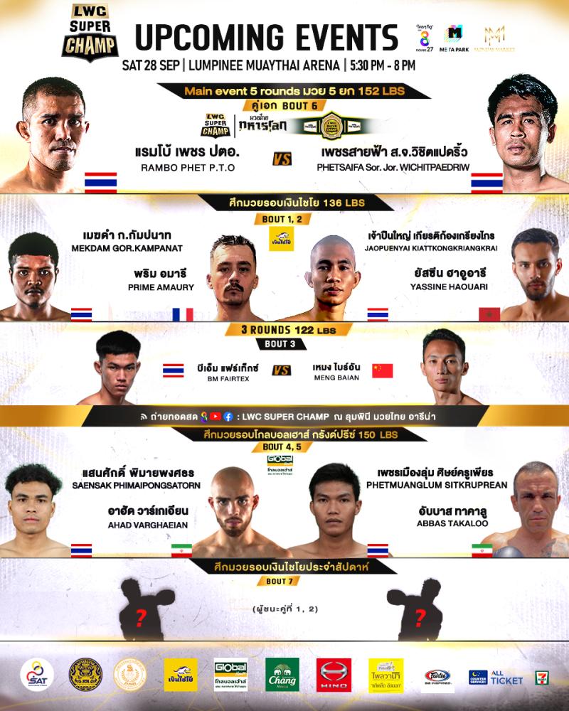 สรุปผลมวย LUMPINEE WORLD CHAMPIONSHIP SUPER CHAMP ประจำวันเสาร์ที่ 28/9/2567
