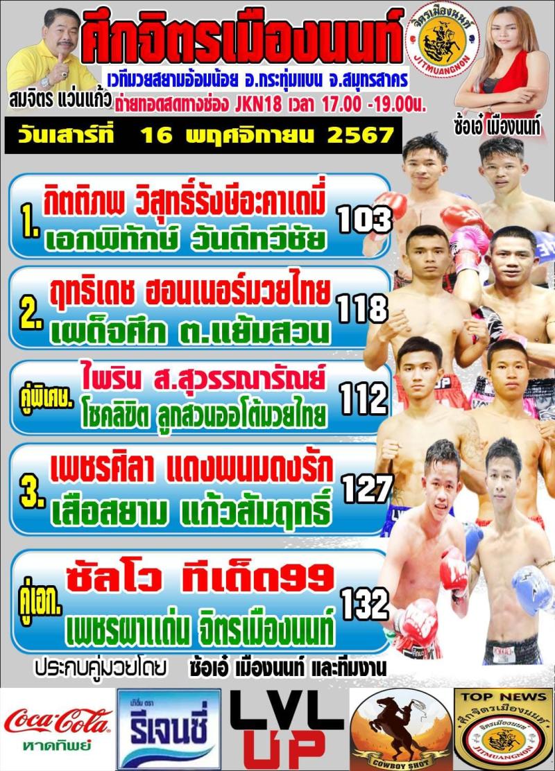 สรุปผลมวย ศึกจิตรเมืองนนท์ ประจำวันเสาร์ที่ 16/11/2567