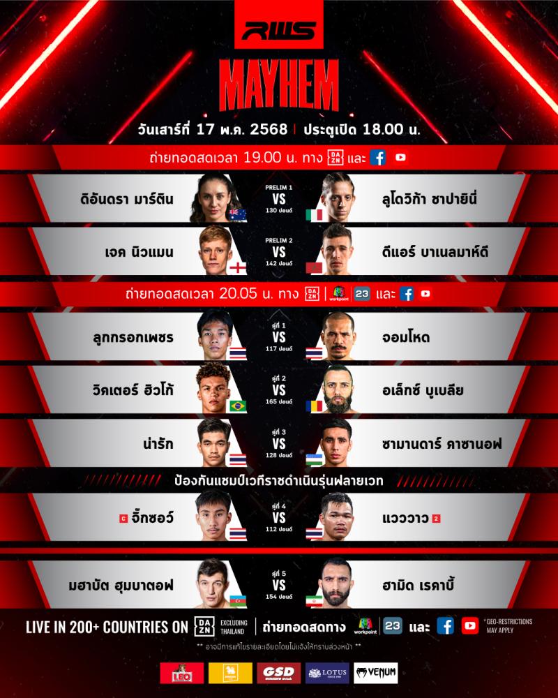 สรุปผลมวย RAJADAMNERN WORLD SERIES ประจำวันเสาร์ที่ 17/5/2568