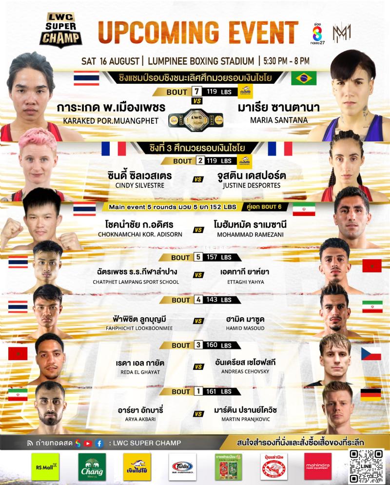 สรุปผลมวย LUMPINEE WORLD CHAMPIONSHIP SUPER CHAMP ประจำวันเสาร์ที่ 16/8/2568