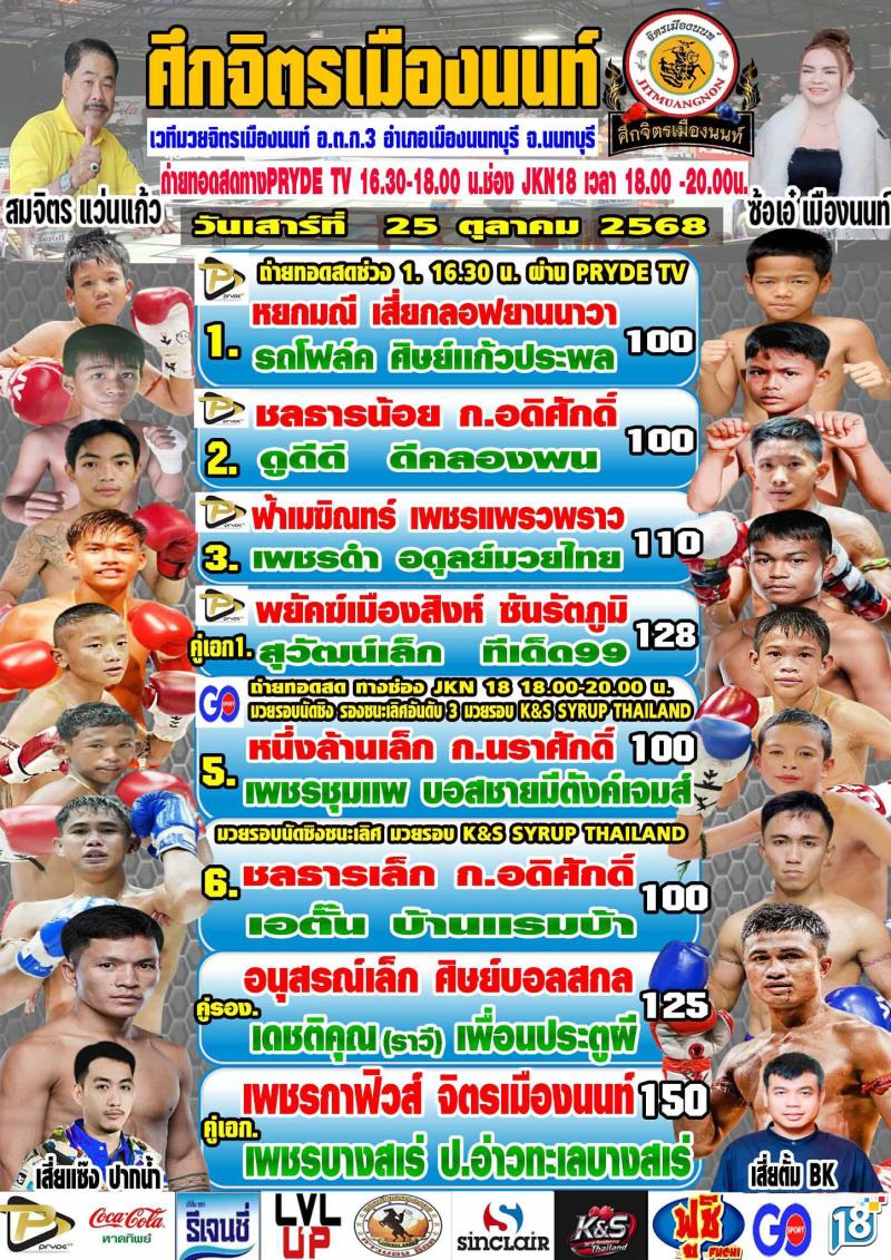 สรุปผลมวย ศึกจิตรเมืองนนท์ ประจำวันเสาร์ที่ 25/10/2568